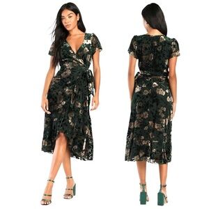 🌻NEW w/tag Chic Status Emerald Green Floral Velvet Burnout Wrap Midi Dress XS